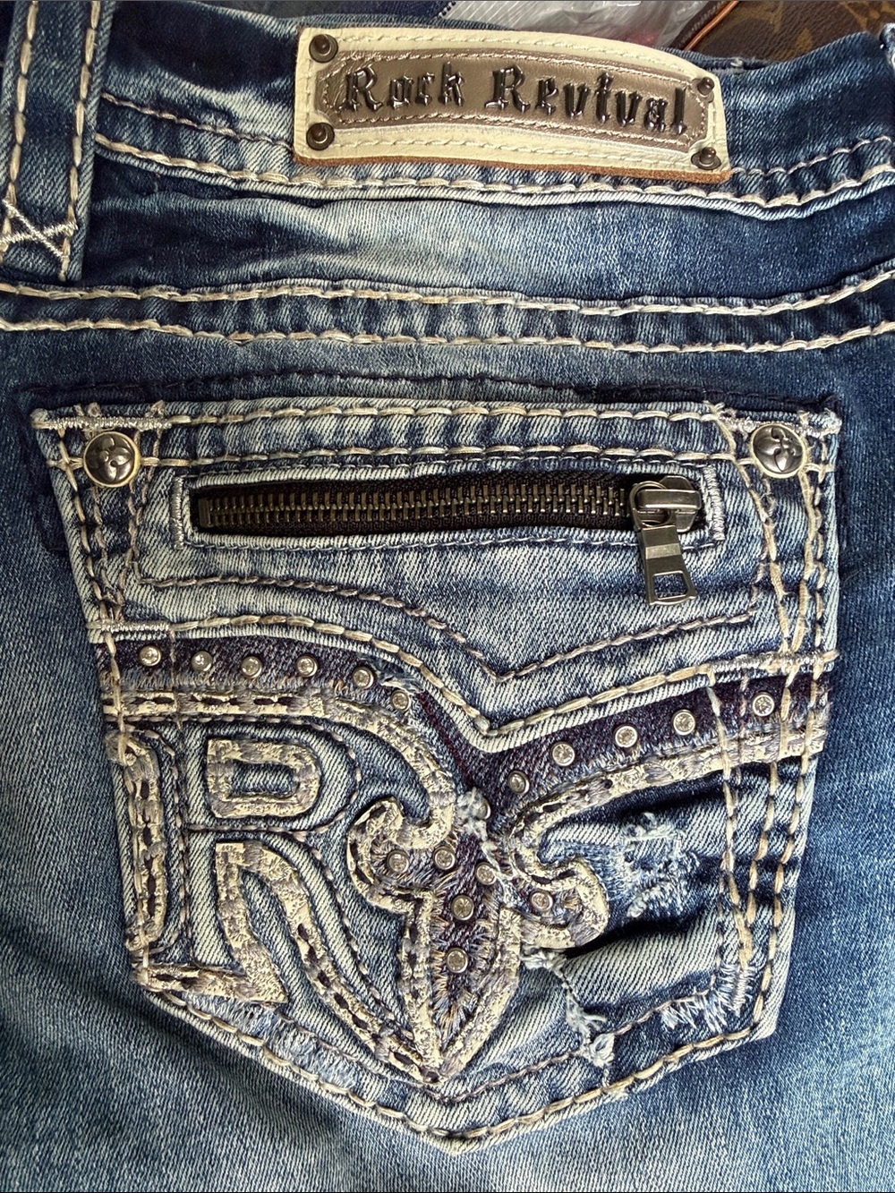 Rock Revival Embellished Light Blue Easy Straight Leg Jeans Pocket Detail